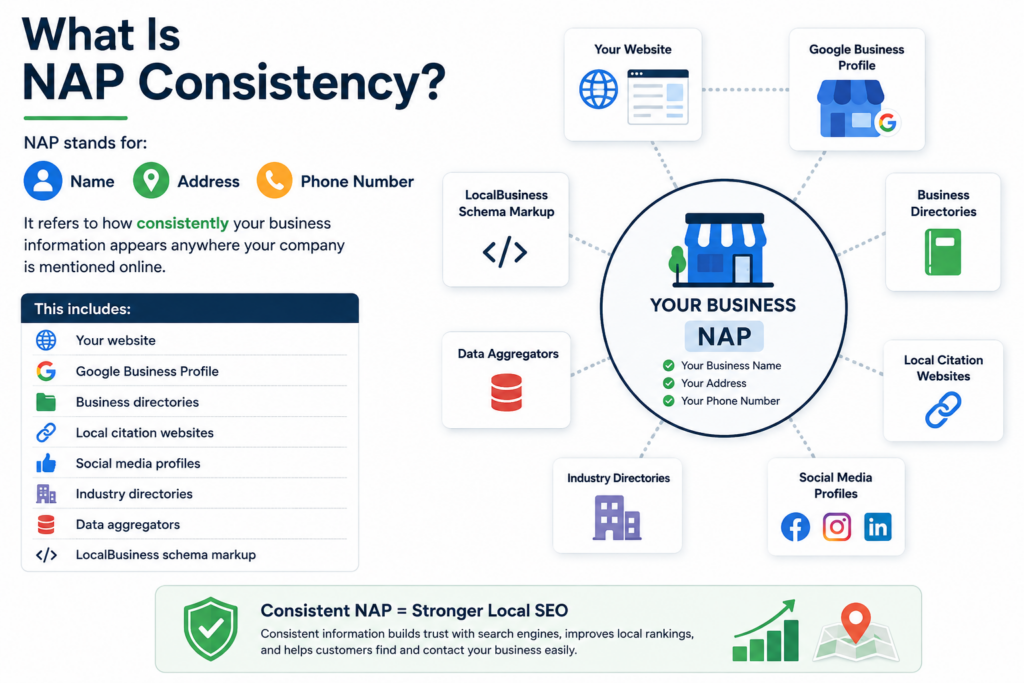 Infographic explaining NAP Consistency (Name, Address, Phone Number) for local SEO, showing how consistent business information across your website, Google Business Profile, business directories, local citation websites, social media profiles, industry directories, data aggregators, and LocalBusiness schema markup improves search engine trust, local rankings, and business visibility.