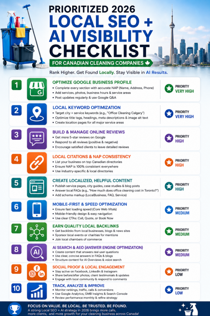 Infographic titled “Prioritized 2026 Local SEO + AI Visibility Checklist for Canadian Cleaning Companies” featuring a blue-and-white design with a Toronto skyline, cleaning equipment, and a 10-step checklist covering Google Business Profile optimization, local keyword strategy, online reviews, NAP consistency, localized content, mobile optimization, local backlinks, AI search optimization (AEO), social engagement, and performance tracking, with priority levels from Very High to Low.