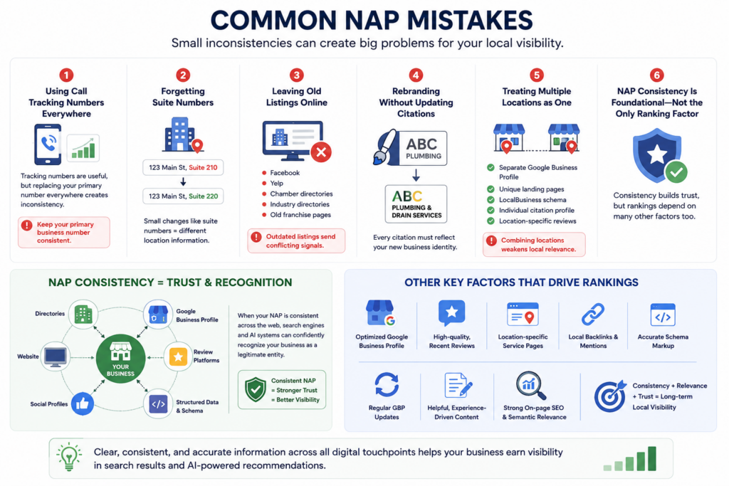 Infographic highlighting common NAP consistency mistakes for local SEO, including inconsistent call tracking numbers, missing suite numbers, outdated business listings, rebranding without updating citations, combining multiple locations into one listing, and explaining that NAP consistency builds trust but works alongside Google Business Profile optimization, reviews, schema markup, local backlinks, and on-page SEO to improve local search visibility.